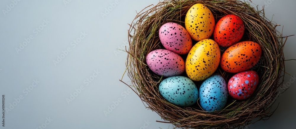 Aufkleber aerial view of a colorful easter egg nest on a neutral background with space for text vibrant spring