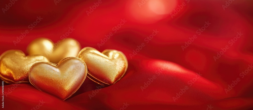 Poster gold hearts in a heart shape on a vibrant red backdrop with selective focus and a soft noise effect 
