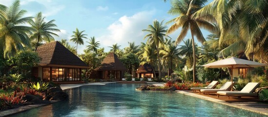 Fototapeta premium Exotic resort landscape with palm trees and tranquil pool surrounded by lush greenery and tropical architecture