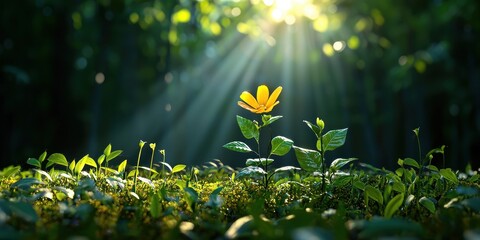 Fototapeta premium A vibrant yellow flower stands alone in a lush, green forest, illuminated by soft rays of sunlight breaking through the trees.