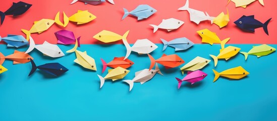 Fototapeta premium Colorful paper fish and sticky notes creatively arranged on a vibrant background showcasing creativity and fun in arts and crafts activities
