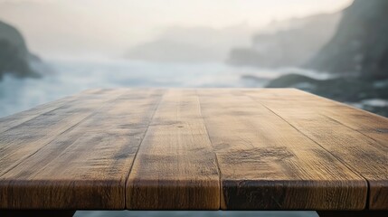 Rustic wooden tabletop in sharp focus with a soft, blurred seaside background, perfect for product montages and presentations. High-quality image.