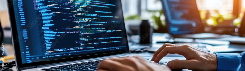 Poster A person coding on a laptop with colorful programming text displayed on the screen.