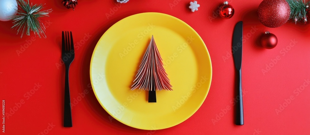 Aufkleber christmas table setting with yellow plate cutlery and paper tree on red backdrop creating a festive 