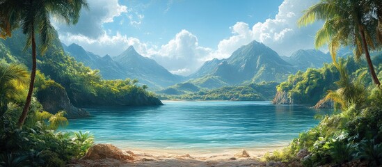 Fototapeta premium Serene Tropical Paradise with Lush Green Mountains and Tranquil Waterfront View