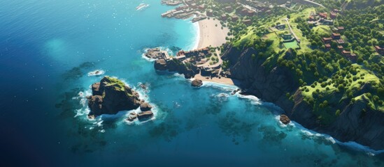 Fototapeta premium Aerial view of a stunning coastal landscape featuring pristine blue waters and sandy beaches surrounded by lush green hills