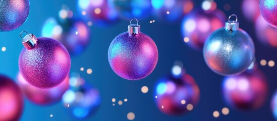 Fototapeta premium Colorful Christmas ornaments on a vibrant neon backdrop creating a festive winter holiday atmosphere with an abstract glowing design.