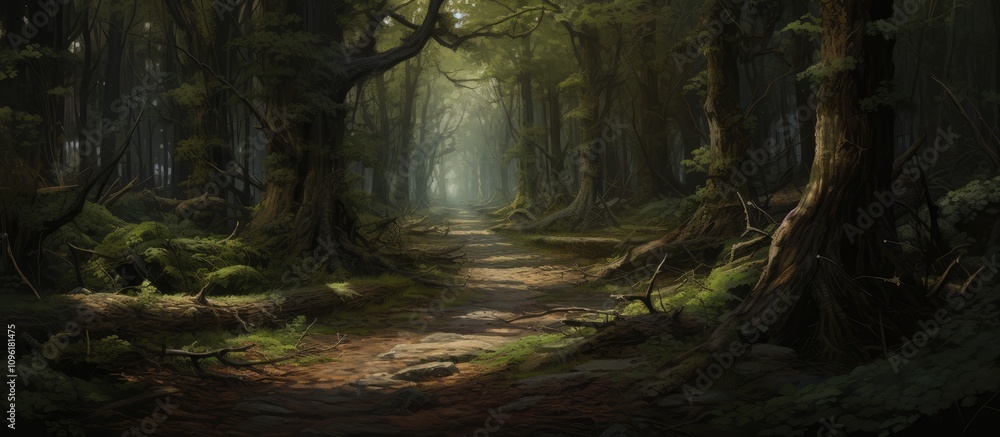 Poster serene woodland path with dappled sunlight filtering through ancient trees in a tranquil forest sett