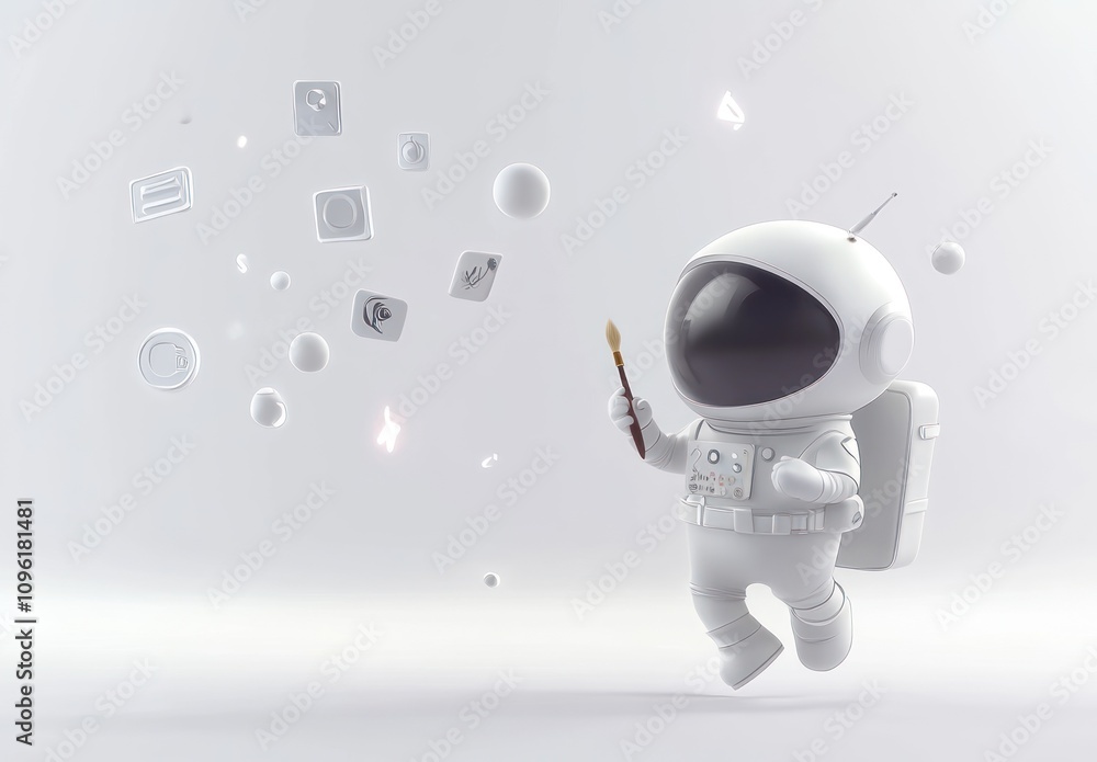 Poster A whimsical astronaut floating with a paintbrush among floating icons and bubbles.