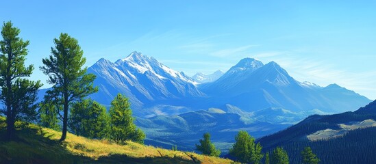 Fototapeta premium Majestic mountain landscape under a clear blue sky showcasing lush greenery and distant snow-capped peaks in a serene natural setting