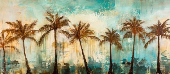 Tropical sunset over palm trees at Amber Cove creating a serene coastal atmosphere in vibrant colors and artistic brushstrokes