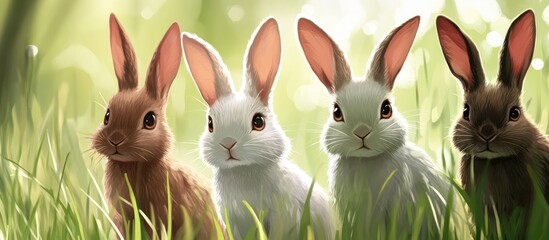 Fototapeta premium Charming close-up illustration of colorful Easter bunnies in lush green grass for festive springtime themes and designs.