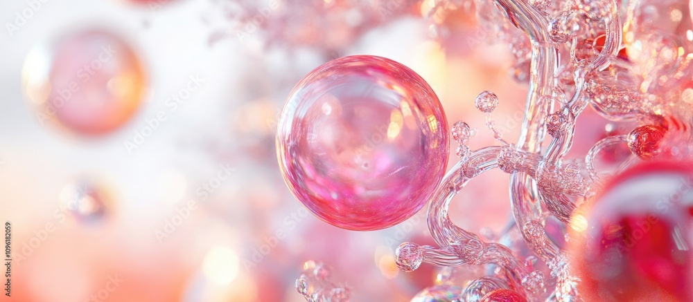 Poster macro close-up of translucent pink bubbles floating amidst a dreamy abstract background with a glass