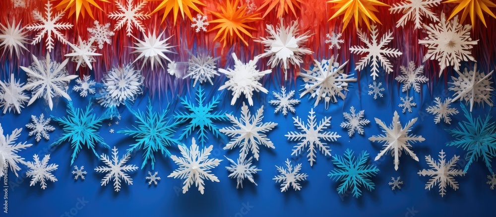 Poster vibrant backdrop featuring intricate paper snowflakes in various styles with a colorful gradient fab