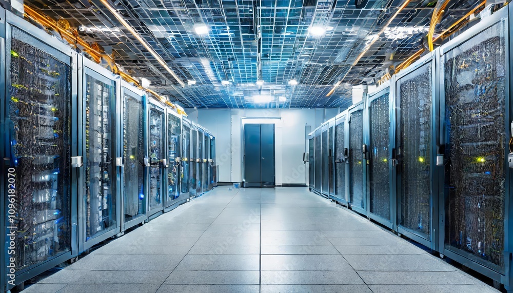 Poster modern data center server room featuring advanced rack-mounted equipment, efficient cooling systems,