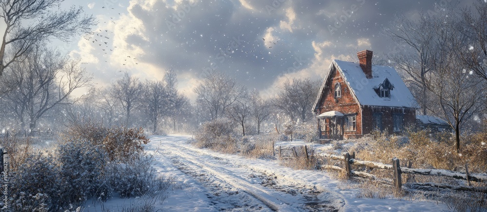 Poster winter landscape with fresh snowfall on a rustic cabin surrounded by trees and a snowy path under a 