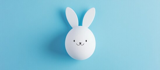Obraz premium Easter egg with bunny ears and a smiling face minimalist flat lay on blue background spring holiday concept