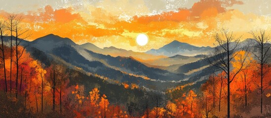 Autumn sunrise casting warm hues over mountain landscape with vibrant foliage in foreground and serene mountainous backdrop.