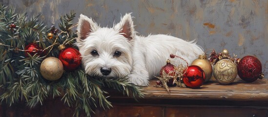 West Highland White Terrier relaxing among festive decorations and greenery during the holiday season