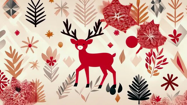 Scandinavian folk art reindeer with bold graphic shapes and floral patterns for festive design and decoration