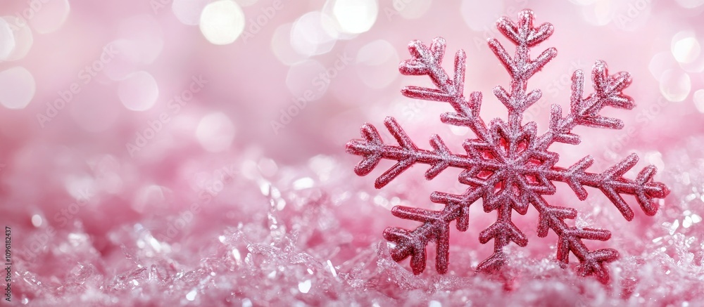 Poster pink festive backdrop with decorative red snowflake surrounded by shimmering glittering elements for