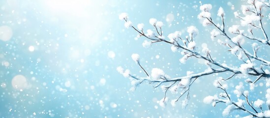 Snow-covered branch against a serene winter background with soft snowfall and a bright sky showcasing the beauty of the season