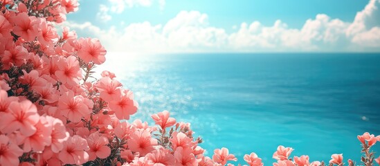 Obraz premium Pink oleander flowers framing a vibrant blue sea and sky providing a serene backdrop for nature and landscape themes with copy space.