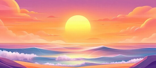 Fototapeta premium Vibrant sunset over calm waves at the beach creating a serene atmosphere and picturesque coastal landscape at twilight