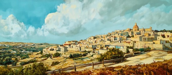 Obraz premium Dingli panoramic view showcasing traditional architecture under a vibrant sky in Malta's Northern region landscape.