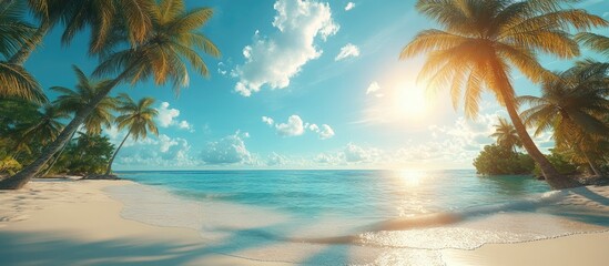 Tropical paradise with green coconut palm trees under a sunny blue sky ideal for summer vacation and relaxation by the ocean shore