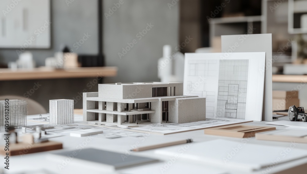 Poster Architectural model and sketches on a workspace table for design planning.