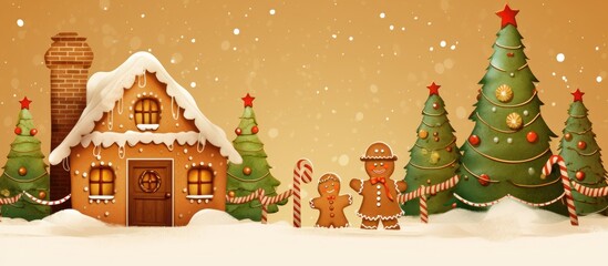 Fototapeta premium Charming Christmas scene with a gingerbread house, decorated trees, and festive elements in a snowy winter landscape