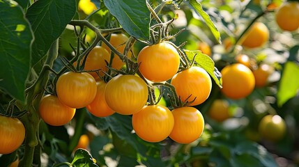 Fresh Yellow Tomatoes Growing on Vivid Green Leaves Under Sunlight
