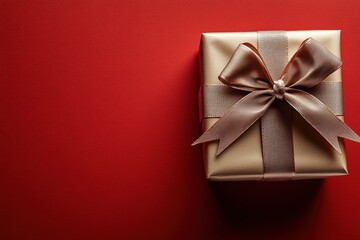 A beautifully wrapped gift adorned with a luxurious velvet ribbon, positioned against a solid red background.