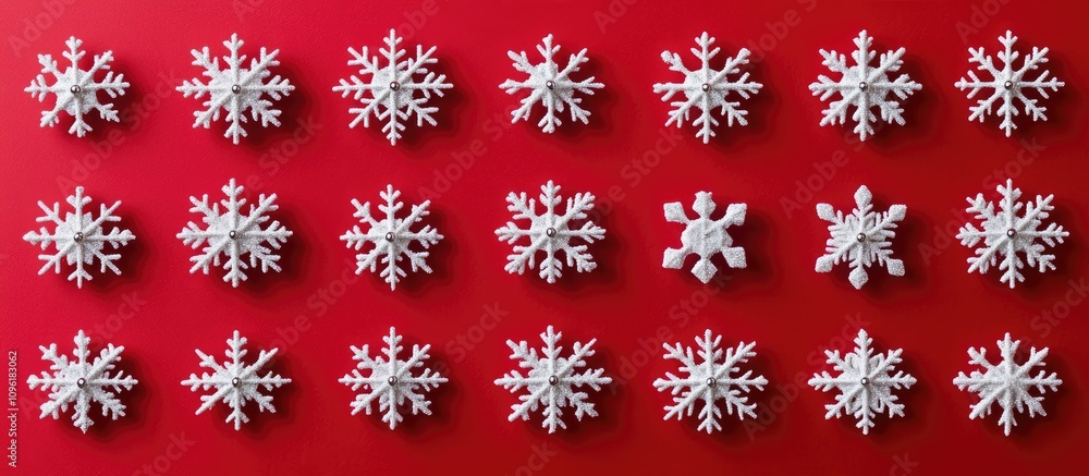 Poster snowflakes arranged in patterns on a vibrant red background showcasing a festive holiday theme in a 
