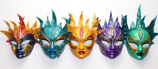 Obraz premium Vibrant Mardi Gras masks arranged artistically on a white backdrop showcasing intricate designs and festive colors