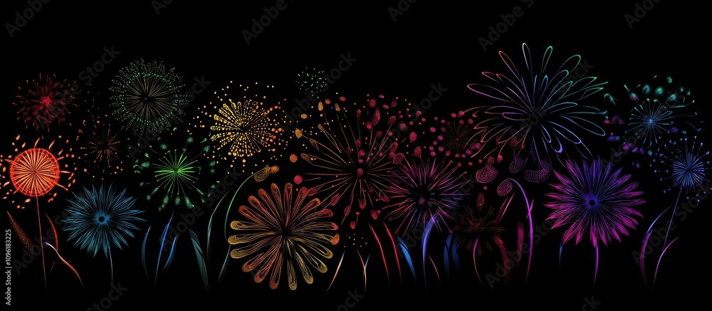 Poster colorful abstract fireworks display in a dark night sky with vibrant floral patterns and unique shap