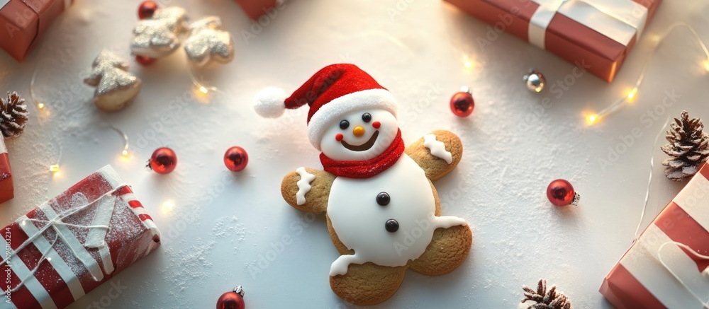 Poster gingerbread cookie character in a festive setting with holiday presents and decorations on a snowy b