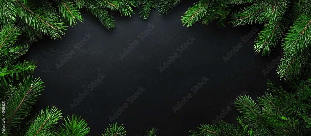 Poster vertical black backdrop with lush green pine branches framing the top creating a versatile space for