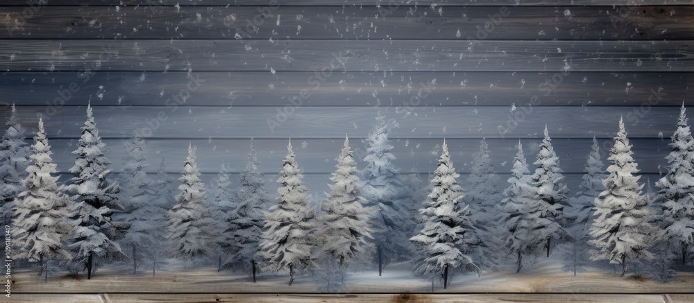 Aufkleber snowy fir tree forest backdrop on rustic wood pattern creating a serene winter scene perfect for sea