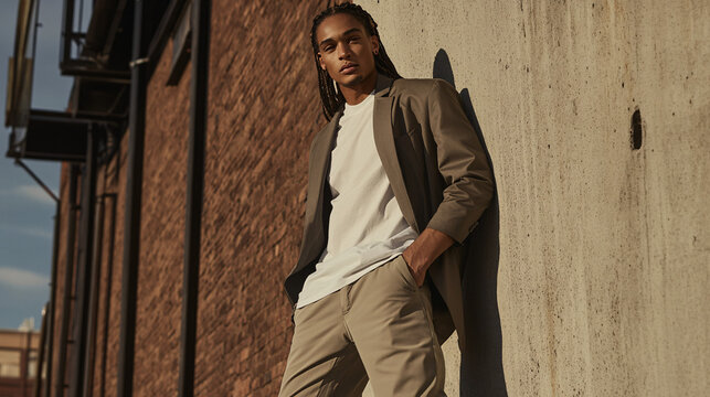 Urban Cool: A Man Leans Against a Concrete Wall, Casual Yet Confident, His Braided Hair Adding to His Edgy Style.