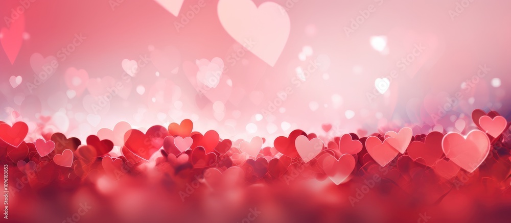 Poster romantic pink and red abstract background with heart-shaped bokeh and defocused lights creating a dr