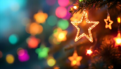 Star shaped bokeh, blurred lights, Christmas decoration, multicolor blurry shapes, rainbow stars,...