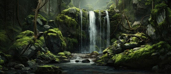 Serene forest landscape featuring a peaceful waterfall surrounded by lush greenery and moss-covered rocks capturing nature's tranquility and beauty