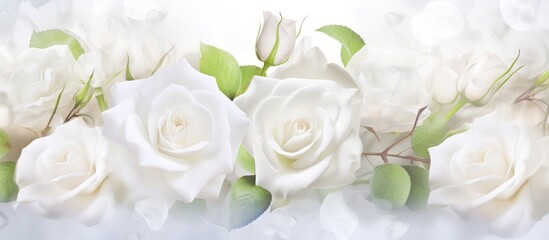 Elegant spring greeting card template featuring white roses and eustomas with ample copy space for Mother's Day and wedding anniversary messages.