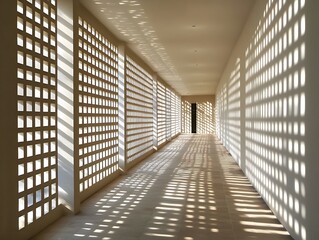 modern architectural corridor featuring striking geometric patterns created by light and shadow