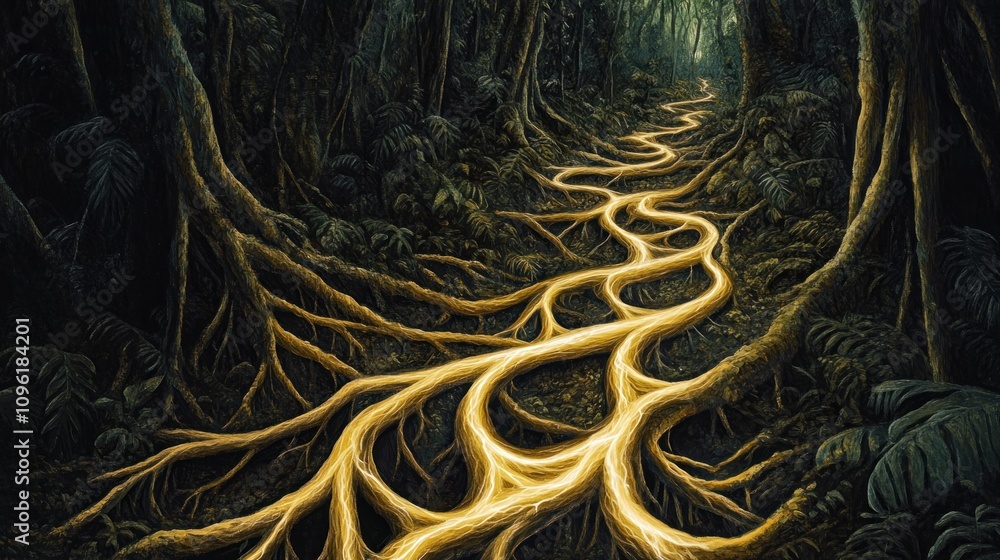 Poster a mystical forest scene with glowing roots forming a winding path through dense foliage.