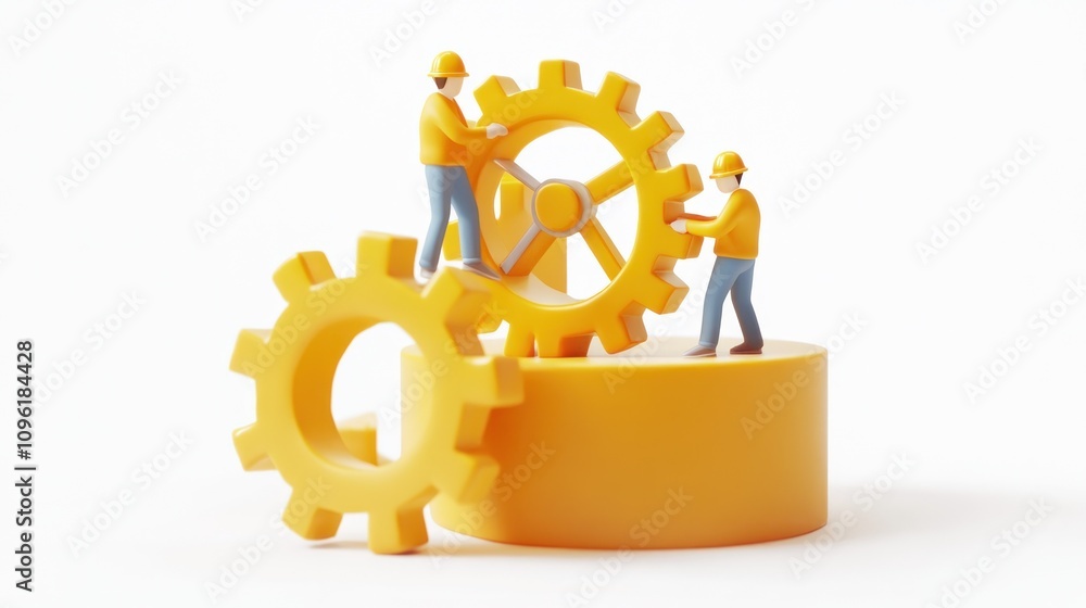Aufkleber two miniature workers adjusting interlocking gears on a circular base, symbolizing teamwork.
