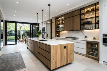 Modern Kitchen Design Featuring Light Wooden Island, White Countertop, and Black Faucet in Open-Concept Living Space