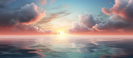 Serene sunset over calm sea with vibrant sky and fluffy clouds reflecting on tranquil waters, creating a peaceful natural scene.